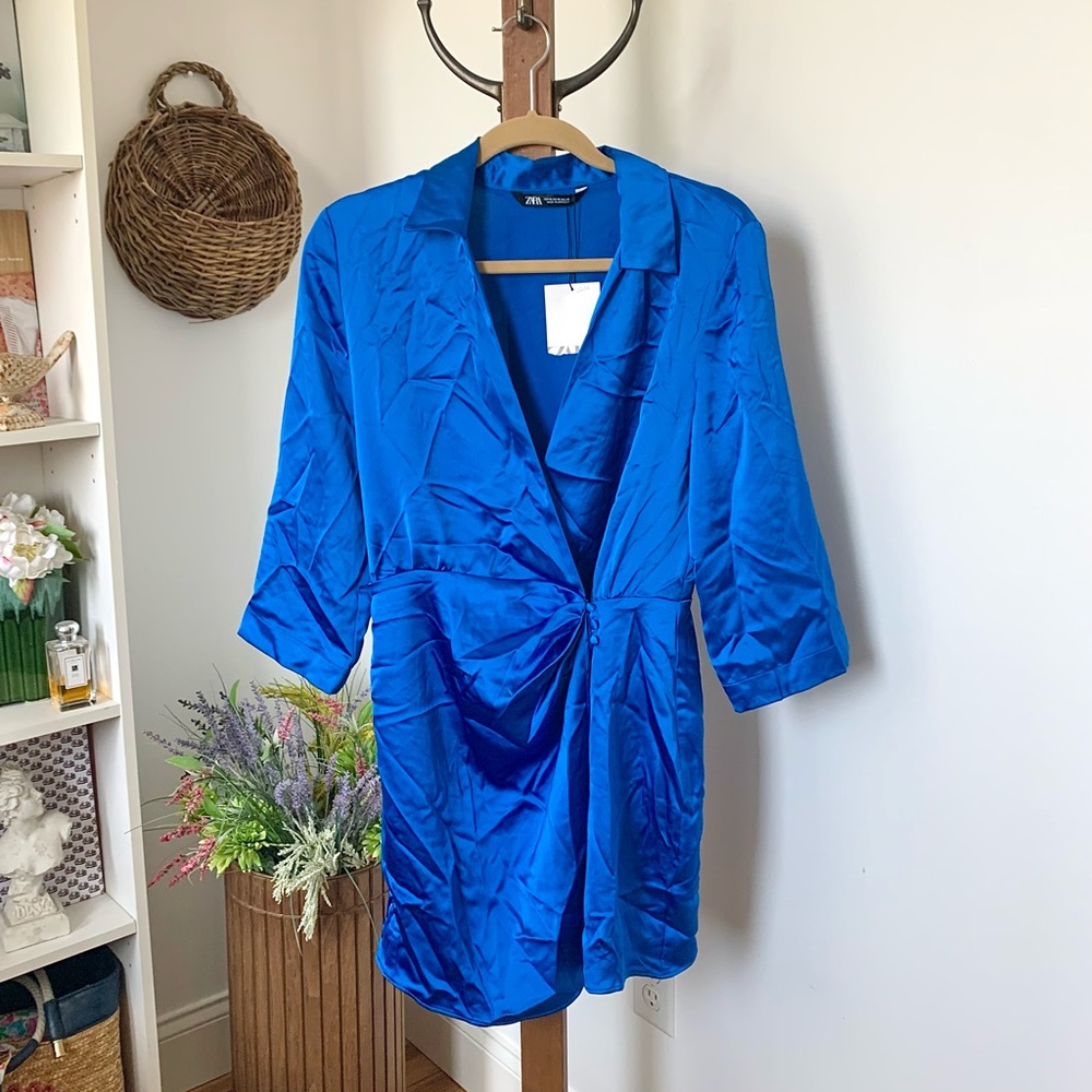 Zara Royal Blue Satin Wrap Mini Dress - Picture 7 of 16